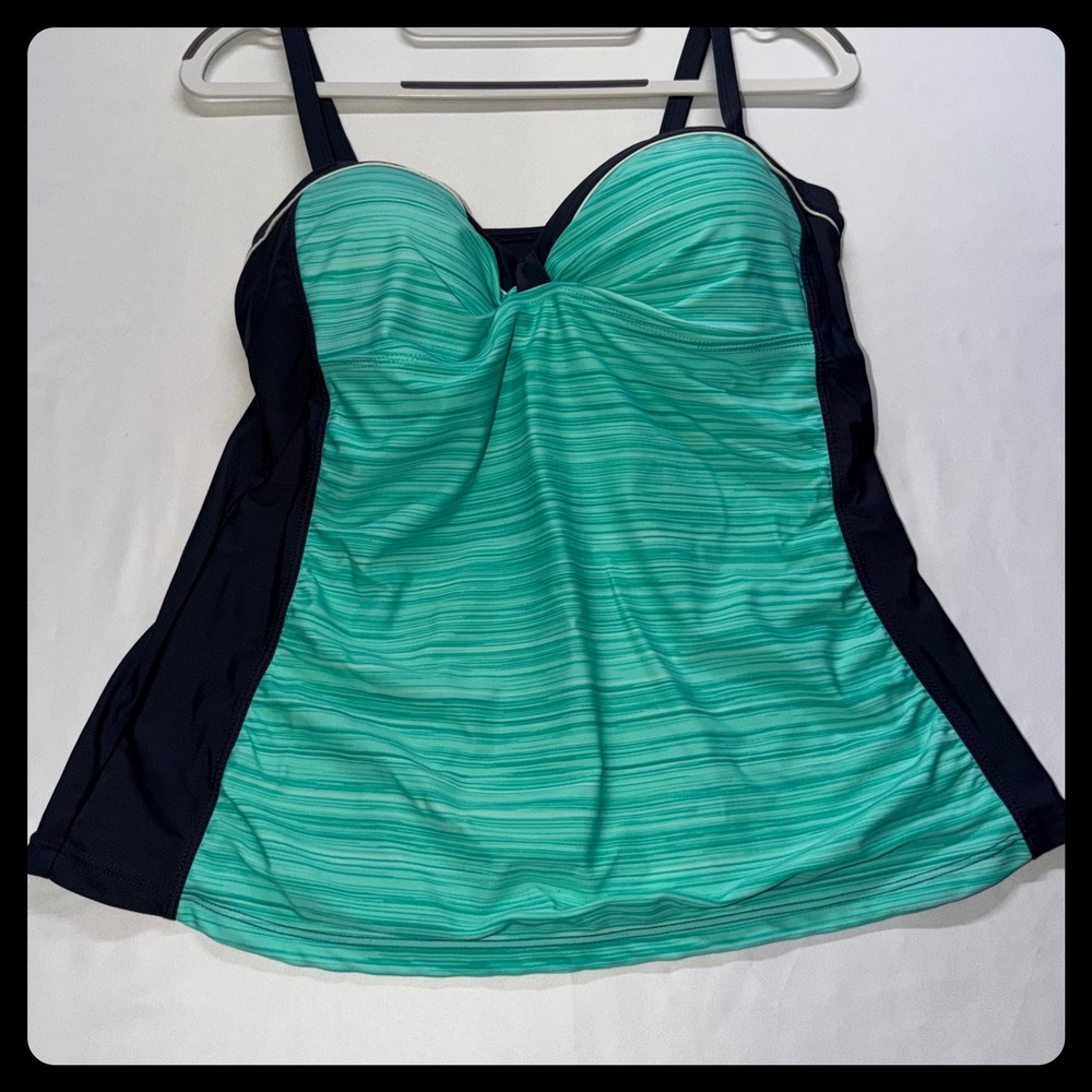Free Country Tankini Swim Top Womens L Green Striped Padded Adjustable Beach